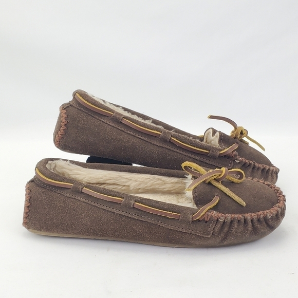 Minnetonka Cally Moccasins Chocolate Brown Suede Slipper Pile Lined 4012 Wmns 6 - Picture 2 of 16
